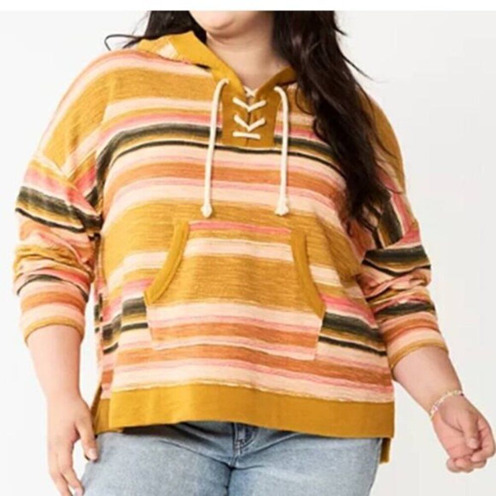 Women's French Terry Sweater‎ Longback Striped Cotton Hoodie Large